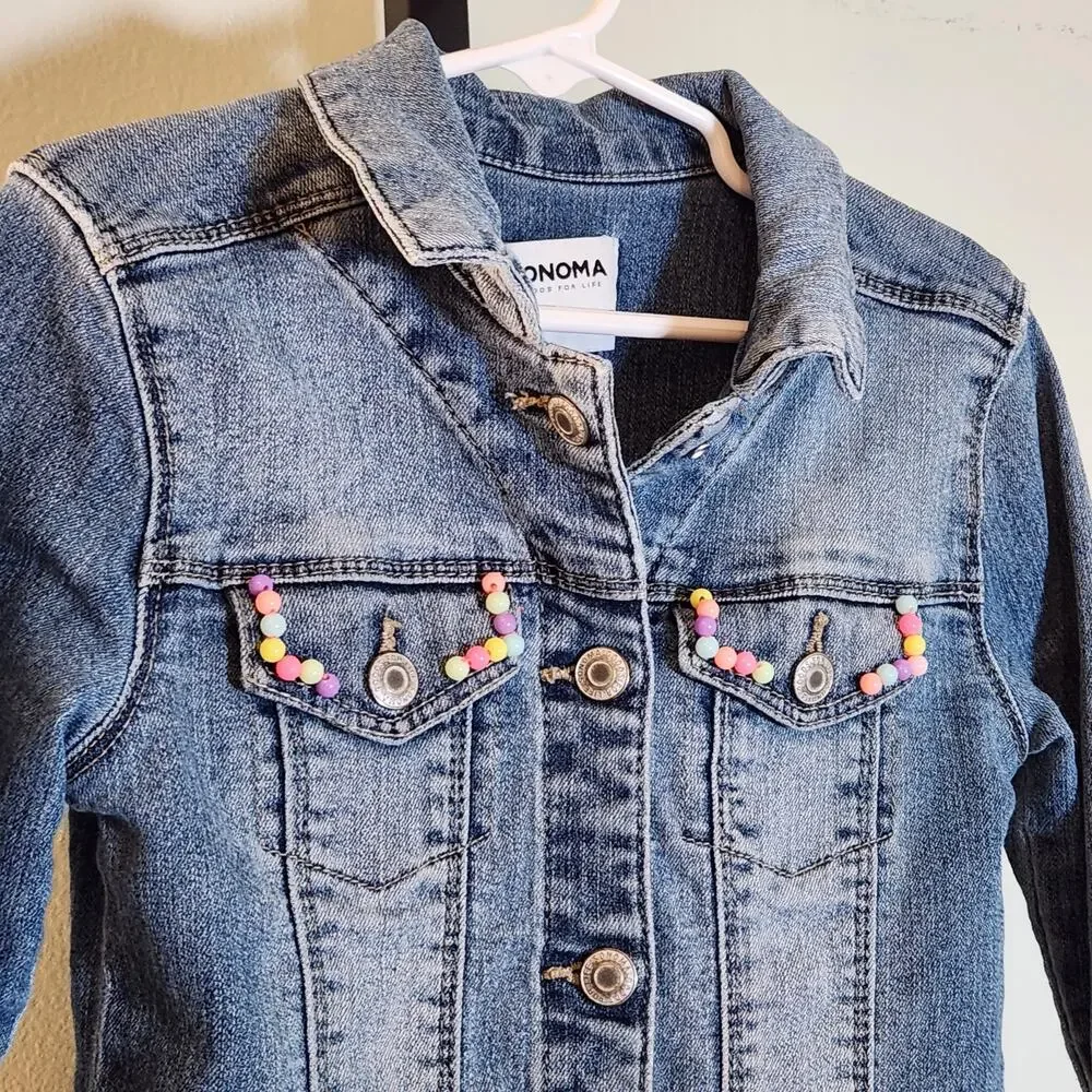 CUSTOM Hand Embroidered Denim Jacket with Beads, Child Size 6
